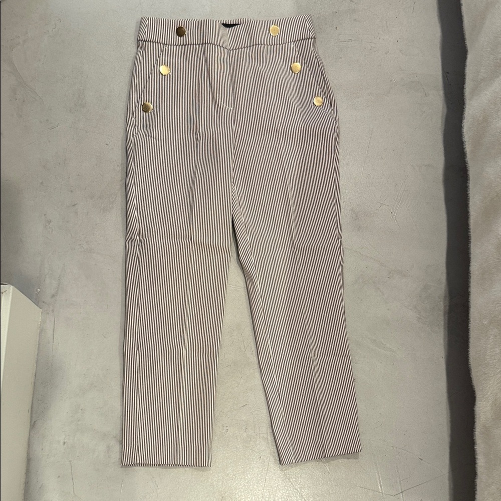 Jules & Leopold Cream and Navy Pinstripe Cropped Sailor Pants with Gold Buttons